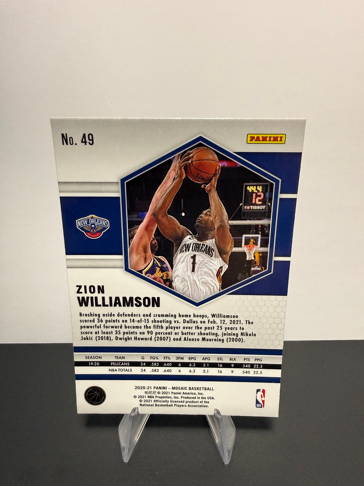 2020-21 Mosaic Zion Williamson — New Orleans Pelicans — back
