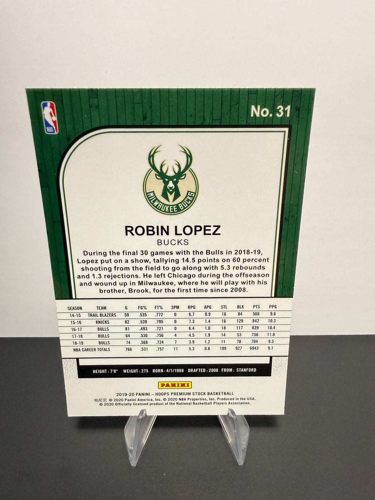 2019-20 Hoops Robin Lopez — Milwaukee Bucks — back